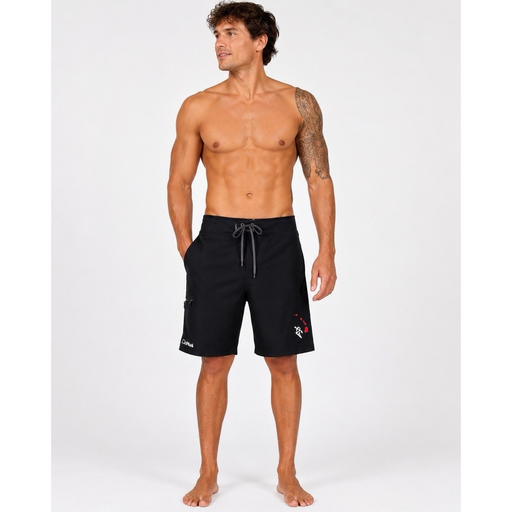 DaHui Hawaii Board Shorts Mens Size 38 Black Stretch Surf Swim Trunks Pocket